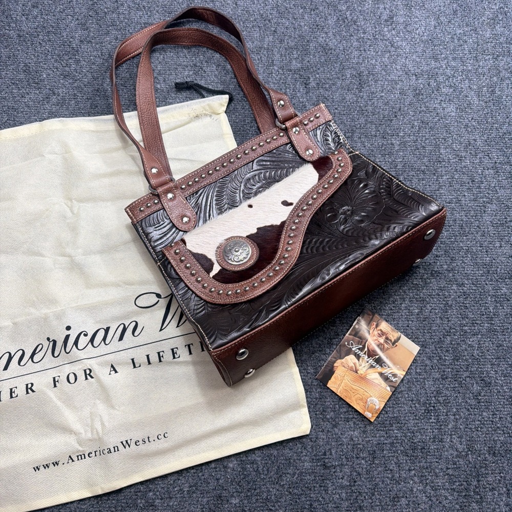 American West Hand-Tooled Leather & Hair-On Hide Western Studded Purse Bag New!!